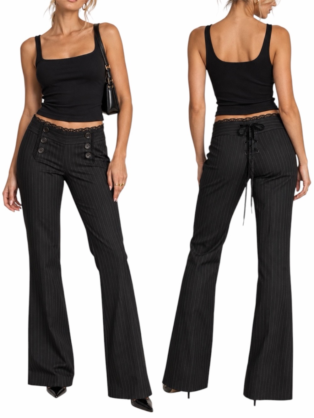 Vintage Y2K Esther Chen Black Pinstripe Lace Corset Bootcut Pants Size 6